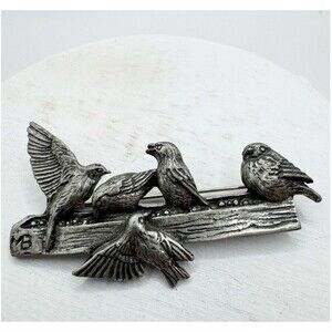 Vintage Birds On A Log Brooch Pin 1999 Marjolein BASTIN Pewter Animal Jewelry